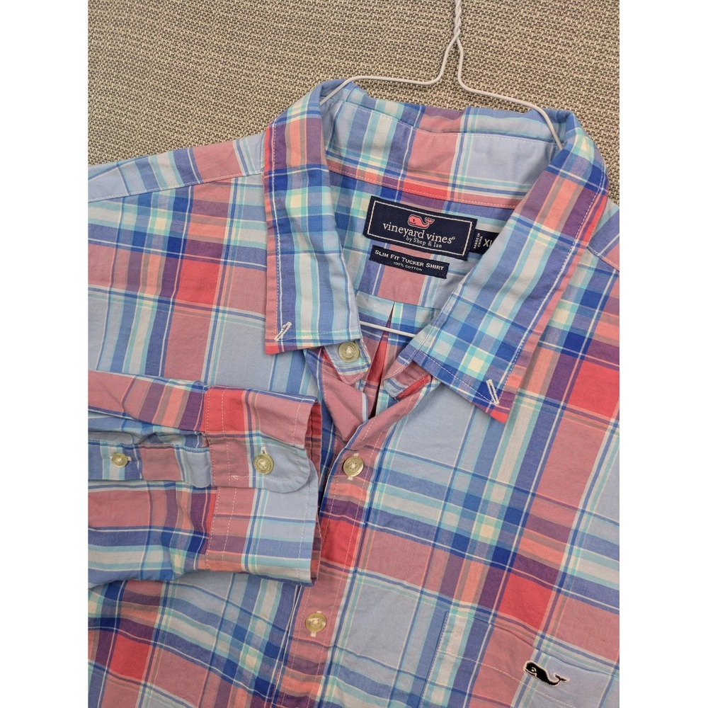 Vineyard Vines Slim Fit Tucker Shirt Mens XL Blue Pink Plaid Long Sleeve Button